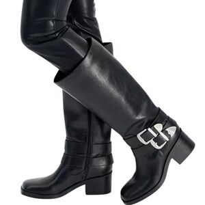 Black Knee-High Buckk Boots Wild Pair Silver Buckles